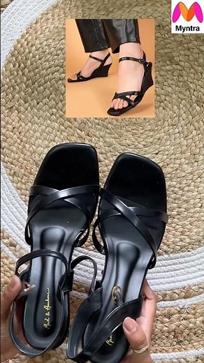 Myntra solid black wedge square toe sandals #review #myntrafinds #heels