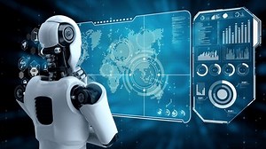 Thinking AI hominoid robot analyzing hologram screen shows concept of network global communication using artificial intelligence by machine learning process. 3D rendering computer graphic.