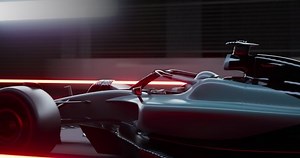 TRACKING shot of a modern generic sports racing car driving fast on a track with bright lights. Realistic 3d rendering. 3D Illustration