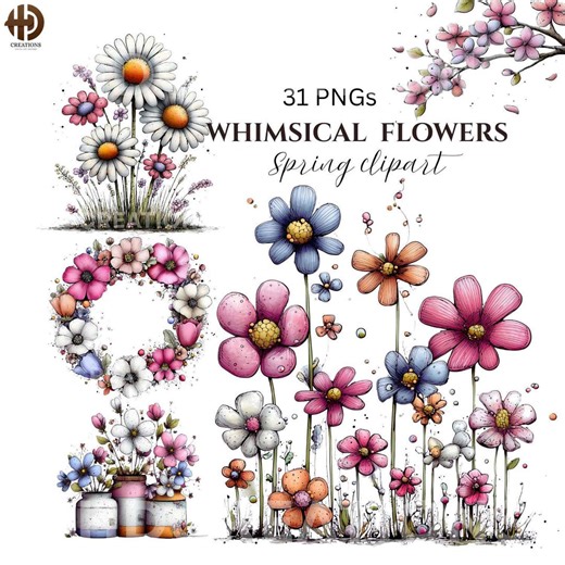 31 PNG Whimsical Spring Flower Clipart Bundle | Cute Floral PNG Graphics | Watercolor Daisy Tulip Clipart | Wildflower | Digital Download - Etsy