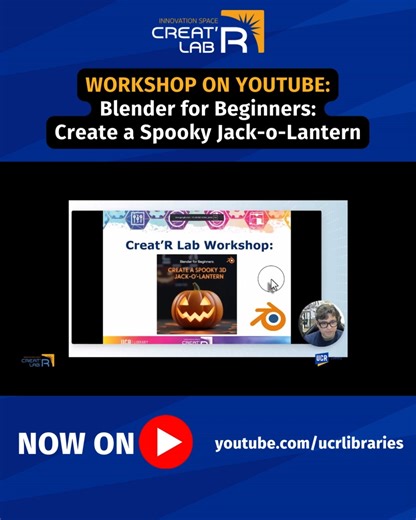 CreatRLab on Instagram: "Watch our Blender workshop recording to learn the basics of Blender, the FREE 3D modeling software used by artists and designers worldwide! Even though it's Thanksgiving week and not Halloween anymore, this step-by-step tutorial is perfect for learning 3D modeling fundamentals, plus you can take the file you make and request to 3D print a physical version at the Creat'R Lab in Orbach Library! 🖥️ www.youtube.com/ucrlibraries"
