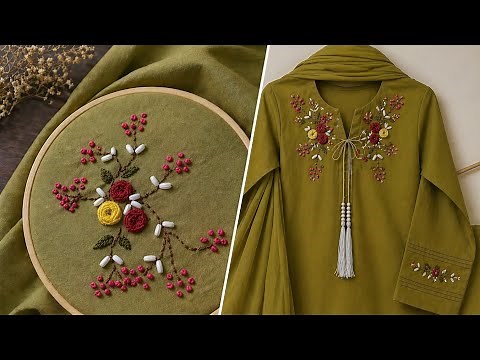 Beautiful Hand Embroidery Design on Dress | Easy Floral Neck Embroidery Tutorial for beginners