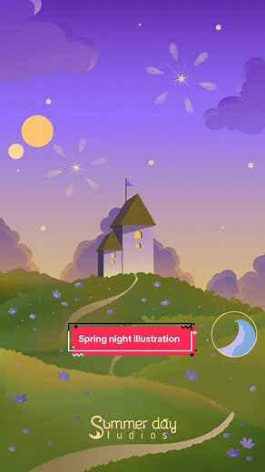 Creating a vector illustration of an old building in a spring field at dawn in Adobe Illustrator. I used the crinkle tool in Illustrator to achieve the grassy effect on the hills. It works really well for small stylised details like this. . . , . #illustrationart #adobeillustrator #landscape #sunset #spring