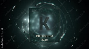 Potassium as Element 19 of the Periodic Table. Seamlessly looping 3D animation on green illuminated atom design background with orbiting electrons. Design shows name, atomic weight and element number
