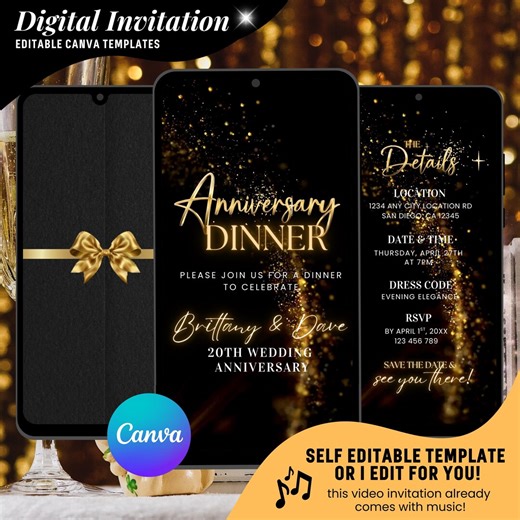 Modern Anniversary Dinner Invitation : Add Any Year, Gold Wedding Anniversary Video Invites, Editable Template (instant Download) - Etsy