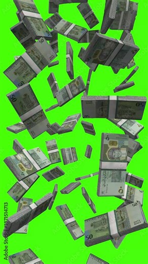 Vertical Omani Rial bills falling on chromakey, OMR cash animation for vertical business video