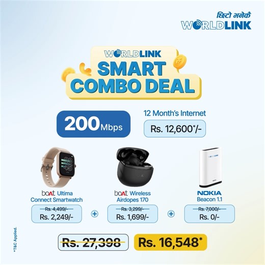 With the #WorldLink Smart Combo Deal Get a 50% discount on the #boAt Ultima Connect Smartwatch or AirDopes 170 and the powerful #Nokia Beacon 1.1 for boosted Wi-Fi coverage for both new and existing customers. Hurry; the offer ends soon! Learn more: https://bit.ly/48FBiw8 #boAtUltimaConnect #WorldLinkSmartCombodeal #UpgradeYourWinter #TechTreats #smartwatch #LimitedTimeOffer #ChitoBhanekaiWorldLink #WorldLinkCommunications #boatlife #LimitedTimeOffer #ChitoBhanekaiWorldLink | WorldLink Communica