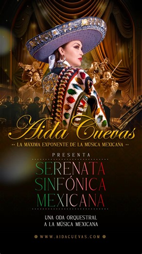 Aida Cuevas presenta "Serenata Sinfónica Mexicana" 🇲🇽 Un proyecto musical innovador que rinde homenaje a las canciones mexicanas de renombre mundial, combinando a talentosos mariachis y una icónica orquesta sinfónica, liderada por la mejor voz y máxima exponente de la música ranchera, Aída Cuevas. 👑 Aída Cuevas presents "Mexican Symphonic Serenade", 🇲🇽🎶 an innovative musical project that pays tribute to world-renowned Mexican songs, combining talented mariachis and an iconic symphony orche