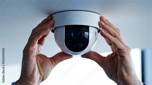 Hands installing dome security camera on ceiling for home or business surveillance system