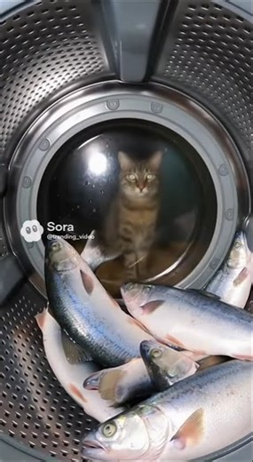 Cat Stares at Fish Spinning Inside Washing Machine – AI Video