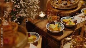Decorated Table With Sweets At The Wedding. Desserts Bar Wedding Catering. buffet, delicious sweet snacks, and other sweets
