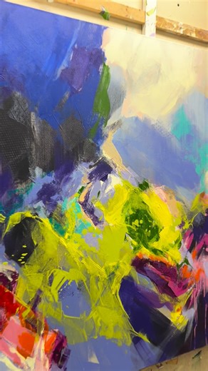 Cobie Cruz on Instagram: "Back where I belong. After a few days of screentime updating my online portfolio, it feels incredible to be back in the studio. Made some significant progress on this 40 x 60” piece today. I had a lot of fun playing with bright colours in this session. This piece is nearly complete—Just a few final touches to go...I hope! #modernart #contemporaryart #interiorart #cobiecruz #cobiecruzart"