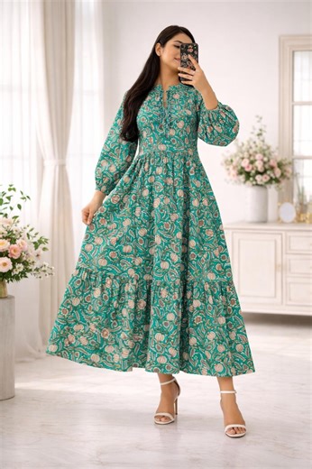 Green Hand Block Print Cotton Maxi Dress | Floral Boho Summer Cottagecore Outfit - Etsy