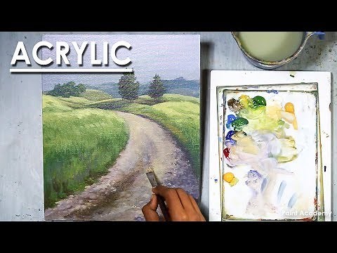 Beautiful Country Road with Green Field Acrylic Painting | Rural Scene Landscape