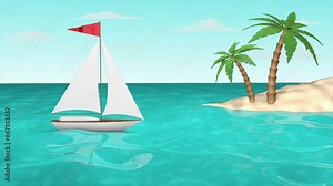 Seascape with sailboat and tropical island, 3D animation on a seamless loop