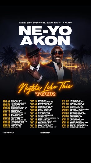 Live Nation Concerts on Instagram: "The nights that stay with you forever. Join NE-YO and AKON for Nights Like This — a smooth, elevated live experience filled with timeless records and unforgettable moments. Every city. Every moment. A night done right. Artist presale starts tomorrow 1/28 at 10am local using code NIGHTSLIKETHIS."