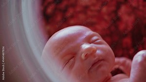 CGI close-up of an unborn baby's face in the womb, highlighting fetal development and the early stages of human life before birth.