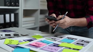UX developers, UI designers think about designing creative mobile app interface layouts Application planning sketch Prototype development process with customer code and color code online business work