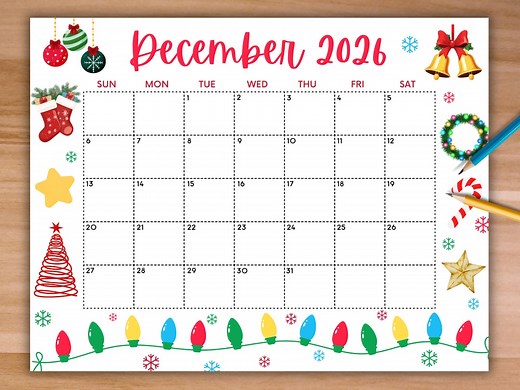 Editable December 2026 Calendar, Cute Printable Calendar W/ Christmas Lights, Holiday Calendar, School Calendar, Monthly Planner, Fillable - Etsy