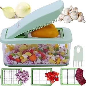 Brieftons QuickPush Food Chopper: Vegetable Dicer Slicer, Onion Cutter, 3 Extra-Large Blades with 200% More Cutting Area to Chop Dice Slice Vegetables, 2.6-Quart Container