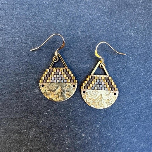 Beaded Brass Triangle Teardrop Earrings: Miyuki Glass Seed Beads, Matte Rustic Gray, Small Size - Etsy