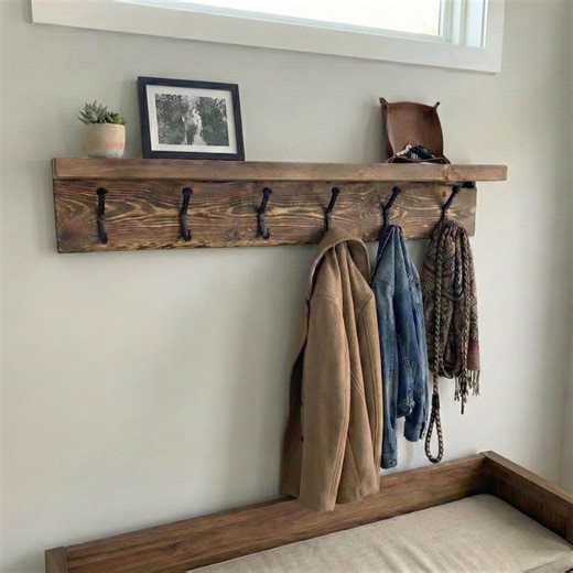 Reclaimed Rustic Wood Wall Shelf With Iron Hooks, Coat Rack, Farmhouse Entryway Decor, Mudroom Wall Storage - Etsy