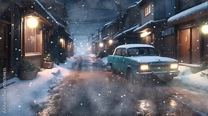 City Streets Blanketed in Snow: 4K Video Loop of Crowded District Alleys