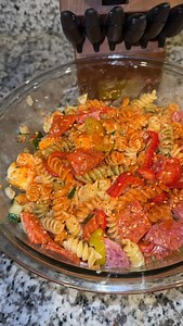 Viral Pasta Salad 🥗 1 diced cucumber 1/2 white onion (or red) 1/3 cup peppercinis sliced 1 box tri colored rotini Olive gardens Italian dressing Diced salami Diced Pepperoni Cubes of Colby jack cheese Salad supreme seasoning Dice up your veggies and meat then toss everything in a bowl coat with salad supreme then add your dressing and give it a toss #pastasalad #coldpasta #pasta #pastapasta | Jas Robertson