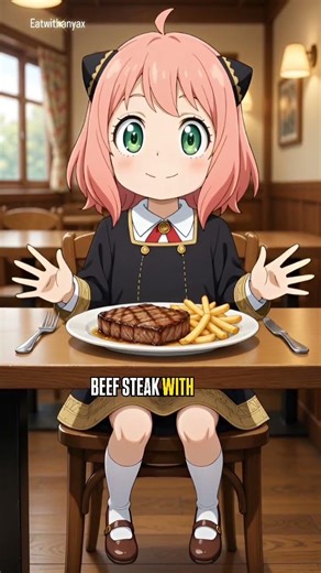 Anya eating beef steak with fries in restaurant