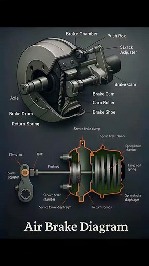 your mechanic on Instagram: "Air Brake System (Drum Type) – Explanation This diagram shows a heavy-vehicle air brake system commonly used in trucks and buses. It uses compressed air to apply and release brakes safely and powerfully. 🔧 Main Components & Functions 1. Brake Chamber ..Converts compressed air pressure into mechanical force. ..Pushes the pushrod outward when brakes are applied. 2. Push Rod ..Transfers force from the brake chamber to the slack adjuster. 3. Slack Adjuster ..Maintains c