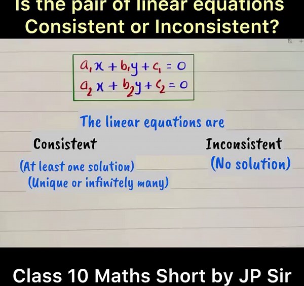 Pair of Linear Equations is Consistent or Inconsistent? | Class 10 Maths | JP Sir #shorts