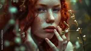 The models fiery red hair and intense gaze evoke images of a powerful sorceress, with her hands adorned with delicate floral rings and her skin glowing in the enchanted forest light.