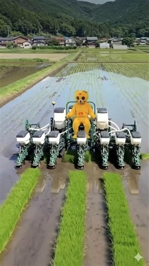 Drone View: Smart Robotic Machine Planting Rice in Paddy Fields | Modern Farming Technology