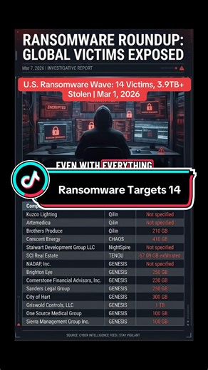 A new U.S. ransomware roundup shows 14 organizations listed across multiple sectors, with threat groups including Qilin, CHAOS, NightSpire, TENGU, and GENESIS. Known stolen-data volumes in the disclosed cases add up to more than 3.9TB, showing how ransomware operators continue to rely on data theft and leak pressure, not just encryption.