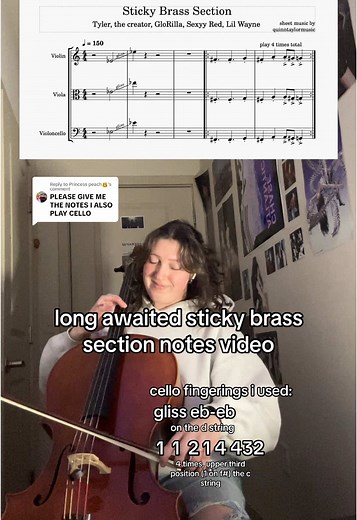 Replying to @Princess peach👸 here’s sheet music for sticky brass section‼️ i put everything but tenor clef, so whatever u read shoild be here! this is in concert pitch (in case band people wanna play) #sticky #stickycover #tylerthecreator #cello #music #fyp #musictok