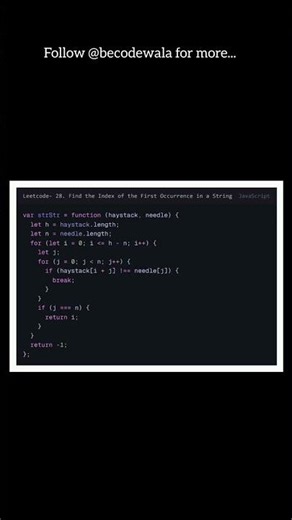 LeetCode 28 🔍 First Occurrence in String | Simple JS Solution Explained!