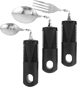 Adaptive Utensils 3pcs Spoon Fork Set Curved Spoon Fork with Non-Slip Handles Stainless Steel Eating Silverware for Hand Tremors Elderly