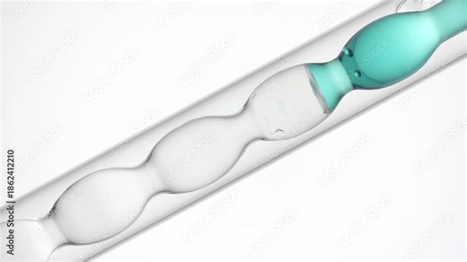 Floating bubbles pass through pale cyan transparent fluid as it fills and drains from a bulb lab condenser displayed on white | Copper sulfate solution ingredient visualization concept