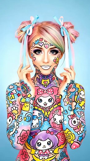 131K views · 1.5K reactions | Kawaii happy body paint artistic style on a women model. #Kawaii #kawaiigirl #kawaiiaesthetic #bodyart #bodypaint #facepaint #tattoos #girlswithtattoos #cutegirl #japan #hellokitty #cosplay #painted #girl #tattooideas #cosplaygirl #unfreezemyaccount | BODY ART | Facebook