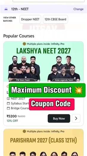 Lakshya Neet 2027 Coupon Code | PW Lakshya Neet 2027 Coupon Code | PW Coupon Code Lakshya Neet 2027