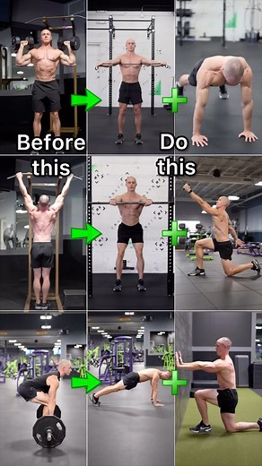 Before this, do this! Before DB overhead press 1️⃣ Band front to back (shoulder disclocators) 2️⃣ Plank with toe reach (aka Down dog toe tap) Before Pull-ups 1️⃣ Assisted squat with lat stretch 2️⃣ Half kneeling unilateral cable pulldown Before Barbell deadlift 1️⃣ Inchworms 2️⃣ Supported hip circles (Kneeling hip CARs) Save this post for future reference! If you’d like to take the guesswork out of your fitness goals - apply to my 1:1 fitness coaching or sign up for my muscle building program, l