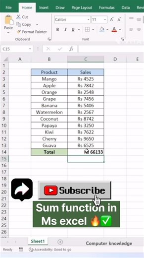 Sum function in ms excel 🔥✅ #excel #microsoftexcel #excelformula #exceltips #exceltricks #youtube