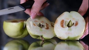 rotten spoiled fruits beautiful on top rotten inside grapes and apples throw in the trash old bad inedible spoiled close-up. woman hands cutting examine and throwing food into a bucket