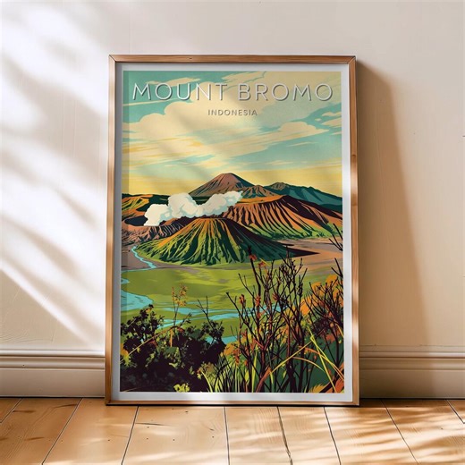 Mount Bromo Travel Print - Java Poster, Bromo Retro Wall Art, Asia Decor, Volcano Landscape Art, Indonesia Gift, Bromo Sunrise Wall Art - Etsy