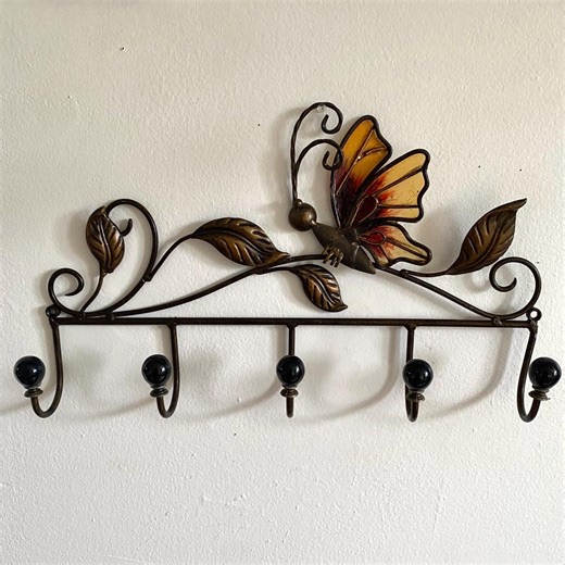 Vintage Metal Wall Coat Rack With Butterfly and Leaves | Farmhouse Entryway Organizer | Rustic Wall Mount Hook Rack | Hat Scarfs Hanger | - Etsy