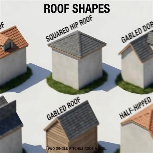 12 different architectural styles for roofing. Each style is illustrated using a simplified, 3D isometric model of a small building or shed to clearly demonstrate the geometry and slope of the roof. Here is a detailed breakdown of the content: TOP ROW • Roof Cut-Out: A standard gabled roof that features a rectangular opening or "cut-out," often used for a small balcony, terrace, or skylight. • Hipped Roof: A roof where all sides slope downwards to the walls, usually with a fairly gentle slope. I