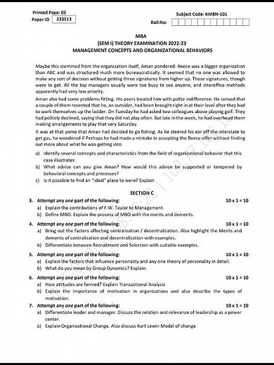 Management Concepts & Organizational Behaviour KMBN101 Question paper 2022-23 || AKTU MBA SEM-1 ||