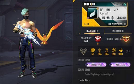 OP BNL’s Free Fire MAX ID, stats, rank, K/D ratio, and monthly income in June 2022
