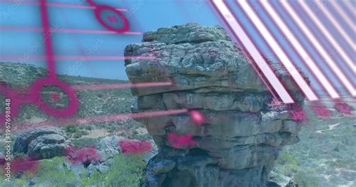 Pink overlays sliding in, camera panning right, revealing rock while showing chart labels