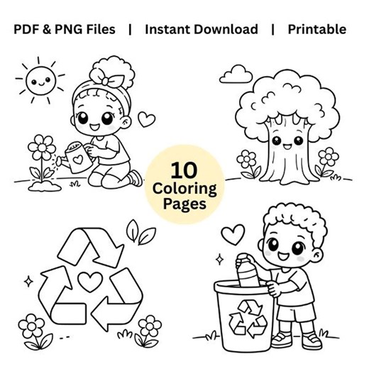 Kids Earth Day Coloring Book Printable PDF PNG | 10 Page Kawaii Coloring Pages | Easy Bold Lines for Toddlers Preschool - Etsy